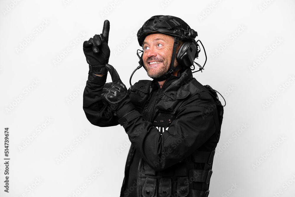 Middle age SWAT man isolated on white background pointing with the index finger a great idea Middle age SWAT man isolated on white background pointing with the index finger a great idea