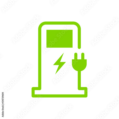Green eco electric fuel pump icon, Charging point station for hybrid, Linear design, Isolated on white background, Vector illustration