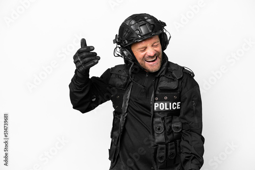Middle age SWAT man isolated on white background making guitar gesture