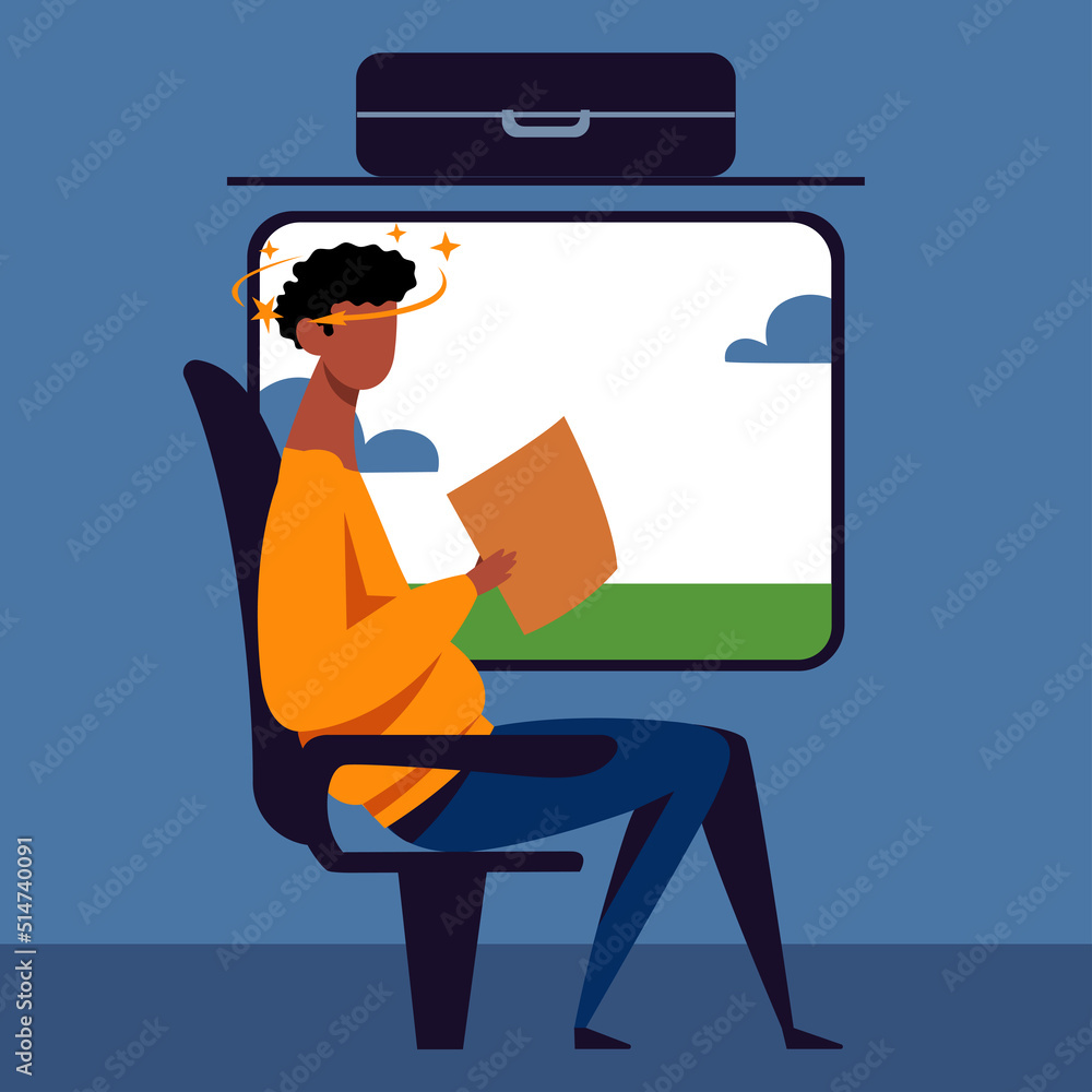 A vector image of a man in the transport with motion sickness and dizziness. A color image for a travel poster, flyer or article. - obrazy, fototapety, plakaty 