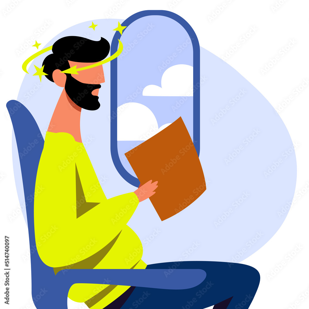 A vector image of a man in the airplane with motion sickness and dizziness. A color image for a travel poster, flyer or article. - obrazy, fototapety, plakaty 
