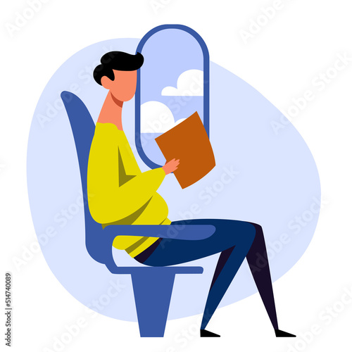 A vector image of a man in the airplane with motion sickness and dizziness. A color image for a travel poster, flyer or article.