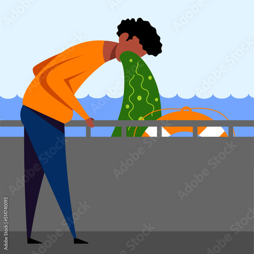 A vector image of a man in the ship with motion sickness and dizziness. A color image for a travel poster, flyer or article.