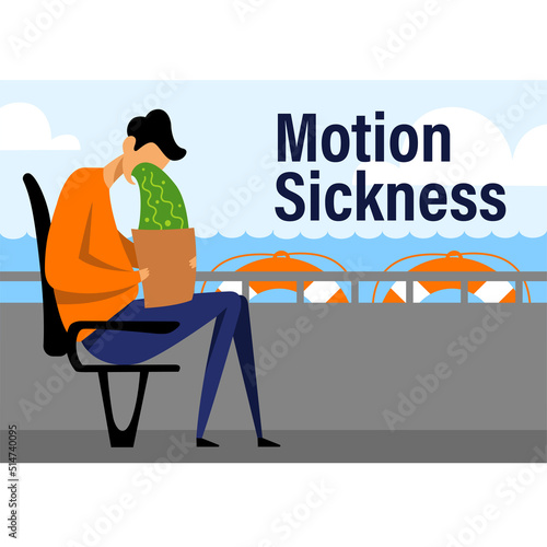 A vector image of a man in the ship with motion sickness and dizziness. A color image for a travel poster, flyer or article.