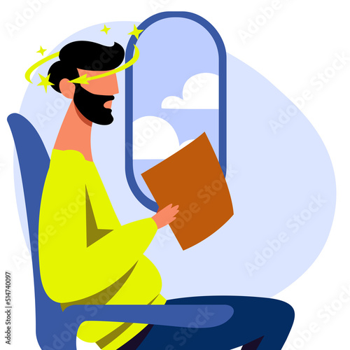 A vector image of a man in the airplane with motion sickness and dizziness. A color image for a travel poster, flyer or article.