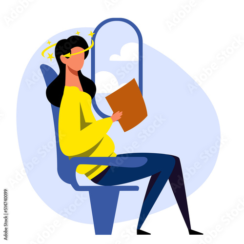 A vector image of a woman in the airplane with motion sickness and dizziness. A color image for a travel poster, flyer or article.