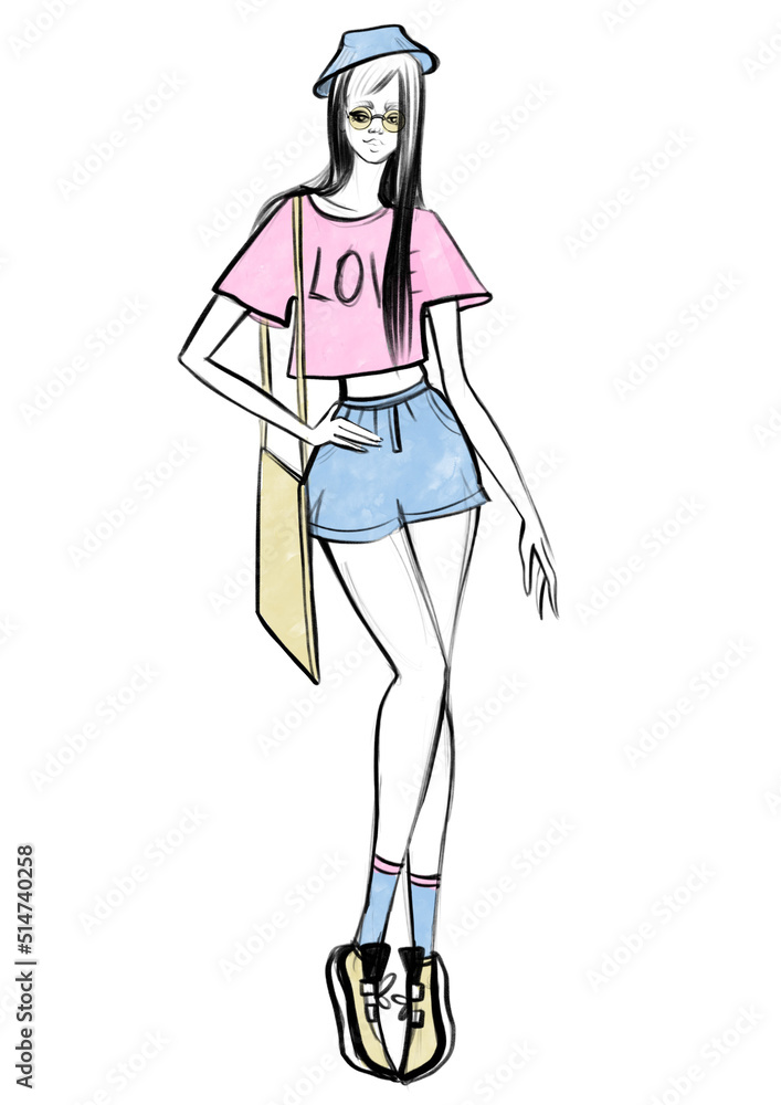 illustration sketch fashion girl full length pose modern style summer look in panama hat glasses and shorts relaxed trend clothing illustration sketch fashion girl full length pose modern style summer look in panama hat glasses and shorts relaxed trend clothing
