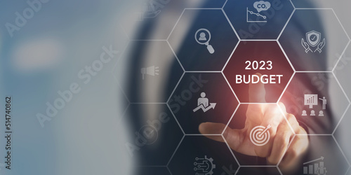 2023 Budget planning and management concept. Company budget allocation for business or project management. Effective and smart budgeting. Plan, review, approve, allocate, analyze and optimize budgets. photo
