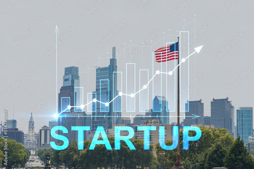 Obraz premium Summer day time cityscape of Philadelphia financial downtown, Pennsylvania, USA. City Hall neighborhood. Startup company, launch project to seek, develop and validate scalable business model, hologram