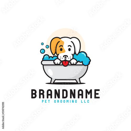 cute dog bathtub logo, cute grooming dog pet care logo design, pet grooming vector template cartoon
