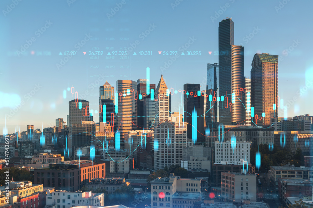 Seattle aerial skyline panorama of downtown skyscrapers at sunrise, Washington USA. Forex candlestick graph hologram. The concept of internet trading, brokerage, analysis