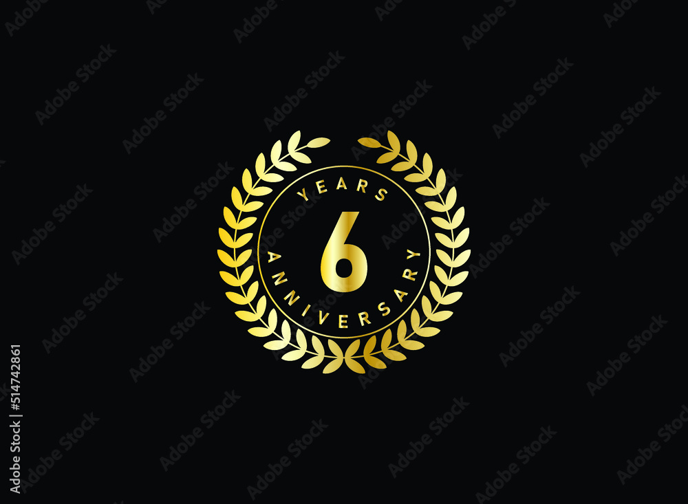 Naklejka premium 6th anniversary celebration with gold glitter color and white background. Vector design for celebrations, invitation cards and greeting cards.