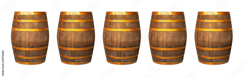 row of oak barrels on an isolated background, used port and whiskey extracts row of oak barrels on an isolated background, used port and whiskey extracts