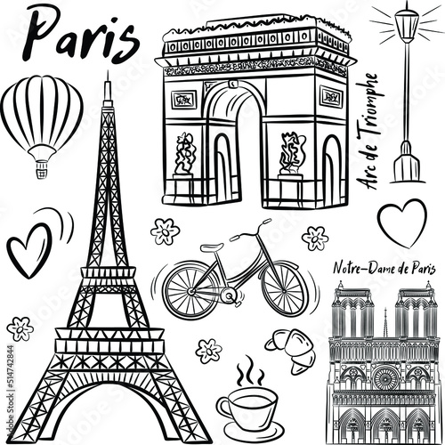 Set of hand drawn French icons, Paris set in vintage style. France, eiffel tower and buildings. Vector doodle elements, Isolated national elements made in vector.