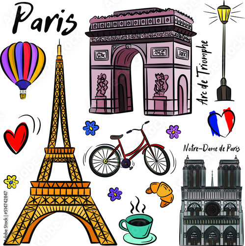 Set of hand drawn French icons, Paris set in vintage style. France, eiffel tower and buildings. Vector doodle elements, Isolated national elements made in vector.