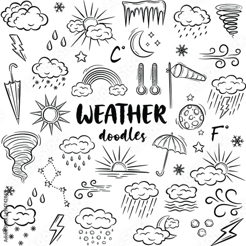 Vector hand drawn weather icons. Set of doodle elements on white background. Vector illustration in vintage style