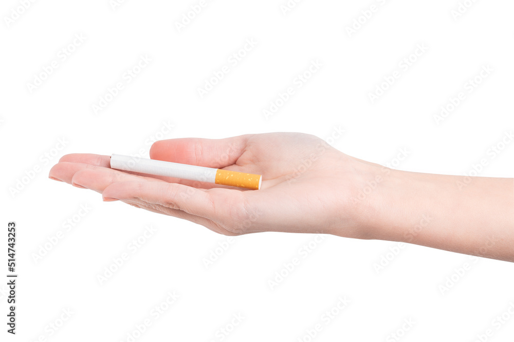 female hand holding a smoking cigarette on a white background. harm from smoking cigarettes. female hand holding a smoking cigarette on a white background. harm from smoking cigarettes.