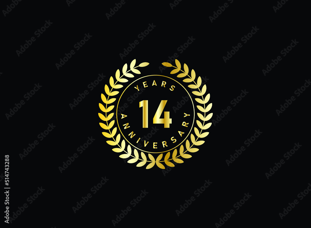 Fototapeta premium 14th anniversary celebration with gold glitter color and white background. Vector design for celebrations, invitation cards and greeting cards.