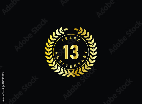 13th anniversary celebration with gold glitter color and white background. Vector design for celebrations, invitation cards and greeting cards.