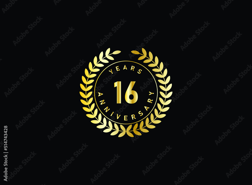 16th anniversary celebration with gold glitter color and white background. Vector design for celebrations, invitation cards and greeting cards. 16th anniversary celebration with gold glitter color and white background. Vector design for celebrations, invitation cards and greeting cards.