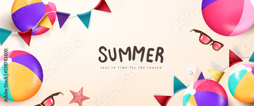 Summer poster banner background template with colorful beach ball