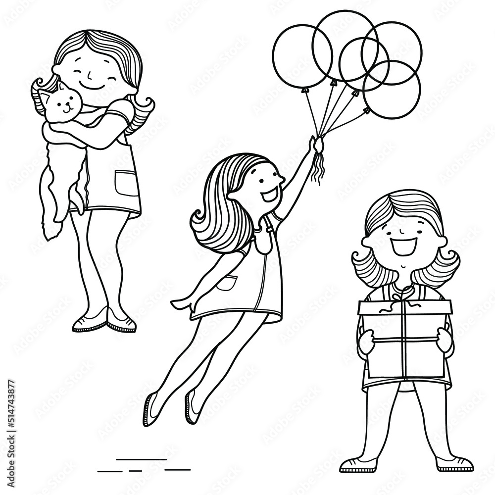 Set of young girls daily holiday activities lifestyle. Vector hand drawn illustration.
Teenager cute girl with cat, the girl with present gift box, girl flies on ballons isolated on white. Set of young girls daily holiday activities lifestyle. Vector hand drawn illustration.
Teenager cute girl with cat, the girl with present gift box, girl flies on ballons isolated on white.
