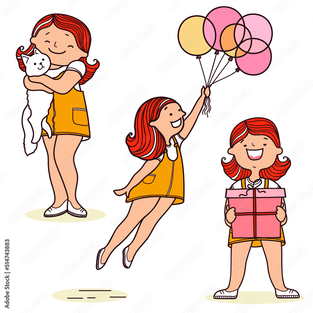 Set of young girls daily holiday activities lifestyle. Vector colors hand drawn illustration. 
Teenager cute girl with cat, the girl with present gift box, girl flies on ballons isolated on white.