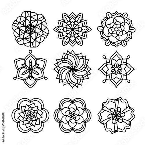 Simple Mandala Set for Coloring Book. For Beginner, seniors and children. Hand Draw. Vector Mandala. Floral. Flower. Oriental. Book Page. Decoration in ethnic oriental. Outline.