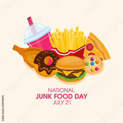 National Junk Food Day vector. Pile of junk food and drink icon vector. Group of fried and sweet food drawing. Every year on July 21. Important day