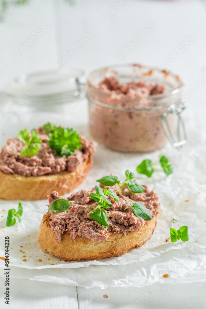Healthy and delicious bruschetta with fegatini and parsley for breakfast. Healthy and delicious bruschetta with fegatini and parsley for breakfast.