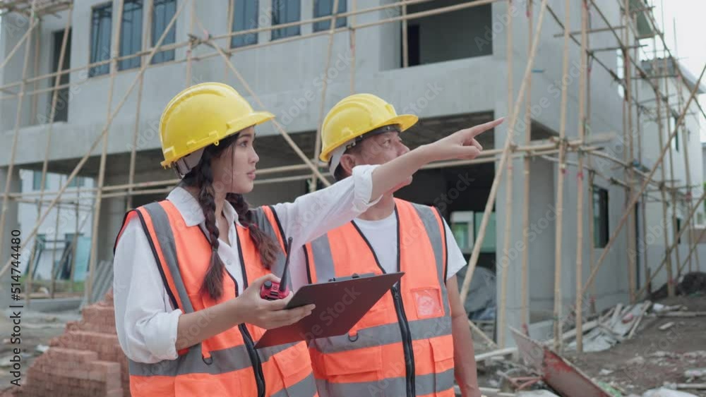 Asian woman civil engineer or Architect, inspector with contractor, foreman or worker wear safety helmet. Colleagues discussing, meeting about construction building project on site. Asian woman civil engineer or Architect, inspector with contractor, foreman or worker wear safety helmet. Colleagues discussing, meeting about construction building project on site.