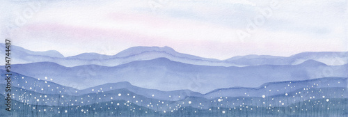 Morning mountain landscape. Softness blue Nature landscape. Silhouettes of mountains and dandelion flowers. Watercolor painting background.
