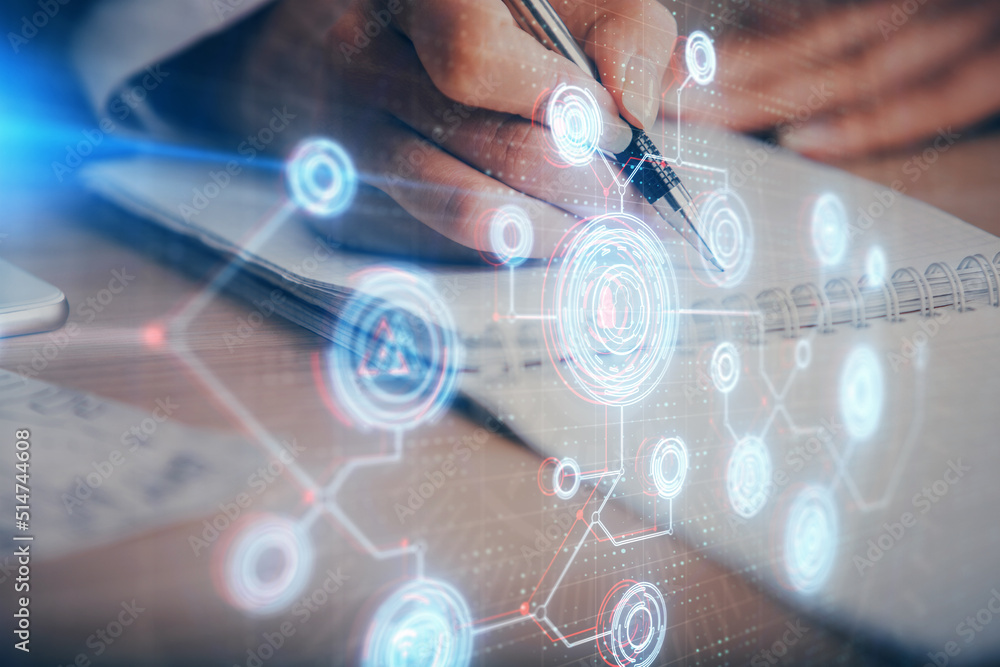 Double exposure of writing hand on background with data technology hologram. Big data concept. Double exposure of writing hand on background with data technology hologram. Big data concept.