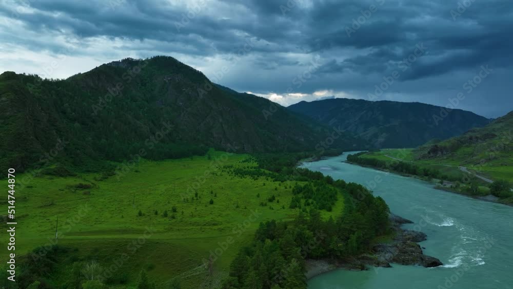 Landscape of mountains and river in summer. Aerial view
Landscape of mountains and river in summer. Aerial view