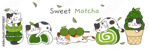 Draw banner sweet cats Matcha dessert concept