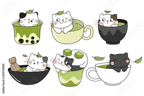 Draw collection matcha cats in cup Green tea concept