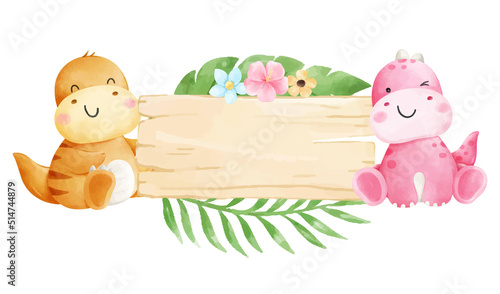 Draw cute dinosaur with sign wood Birthday party concept