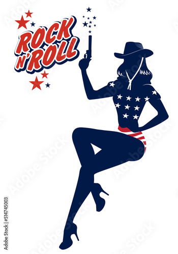 Beautiful pin up gir silhouette dressed in the old American cowgirl style of the 50's holding a gun. Rock and Roll sticker. Isolated on white background