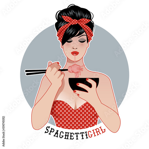 Beautiful pin up girl wearing 50's style clothes and headscarf, eating noodles or spaghetti with chopsticks