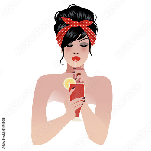 Beautiful pin up girl wearing a 50's style headscarf, drinking a cocktail or juice through a straw