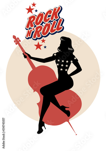 Beautiful pin up girl silhouette dressed in the old American style of the 50s holding a double bass representing a typical icon of rock and roll