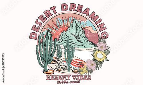 Arizona desert vibes graphic print for fashion and others. Desert dreaming artwork.  Cactus with sunflower. usa flag.