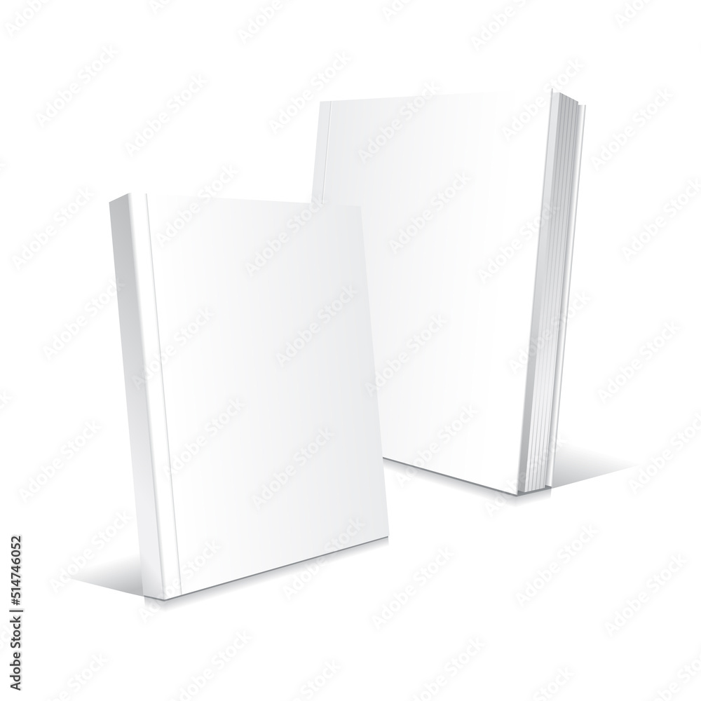 Blank white lean standing and slightly open softcover thin books or magazines mockup template. Isolated on white background with shadow. Ready to use for your business. Realistic vector illustration. Blank white lean standing and slightly open softcover thin books or magazines mockup template. Isolated on white background with shadow. Ready to use for your business. Realistic vector illustration.