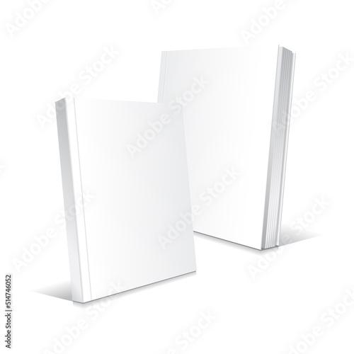 Blank white lean standing and slightly open softcover thin books or magazines mockup template. Isolated on white background with shadow. Ready to use for your business. Realistic vector illustration.