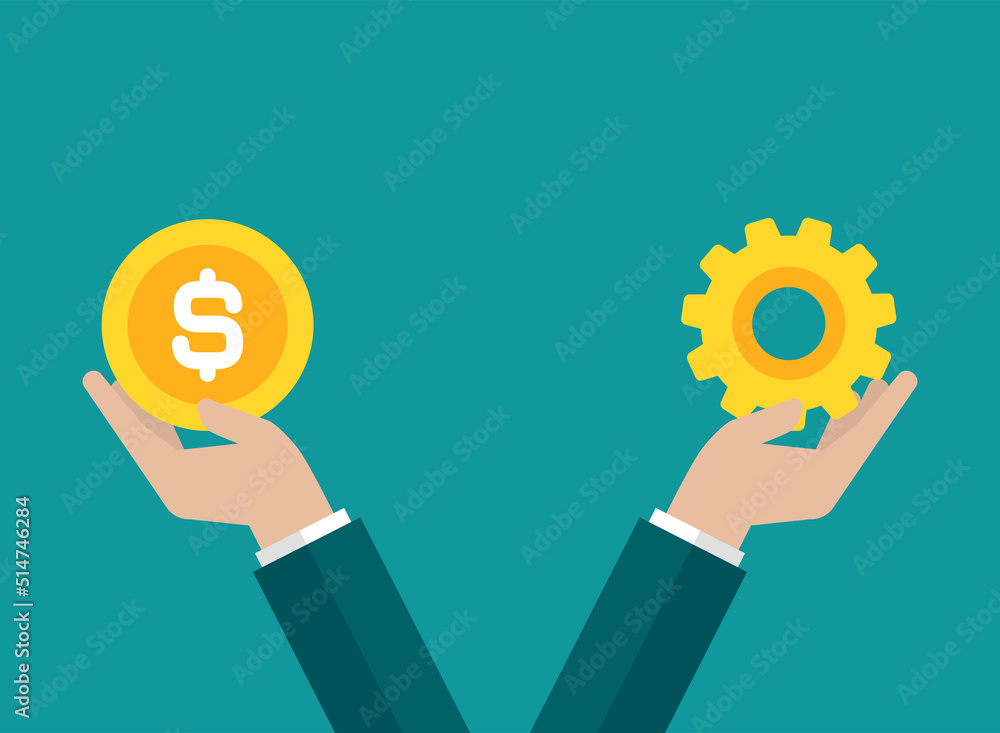 Businessman hands hold dollar coin and gear. Technology or innovation exchange, buying concept. Solution and expenses balance. Production scale. Businessman hands hold dollar coin and gear. Technology or innovation exchange, buying concept. Solution and expenses balance. Production scale.