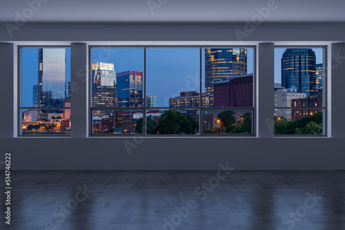 Downtown Nashville City Skyline Buildings from High Rise Window. Beautiful Expensive Real Estate overlooking. Epmty room Interior Skyscrapers View Cityscape. Night Tennessee. 3d rendering.