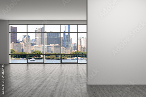 Downtown Chicago City Skyline Buildings Window background. Mock up copy space wall. Empty office room Interior Skyscrapers  View Lake Michigan waterfront. Cityscape. Day time. 3d rendering.