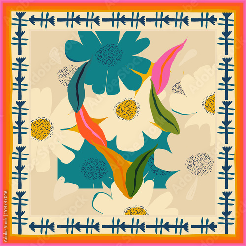 Modern scarf ethnical style design with artistic flower illustration. Abstract fashionable vector template for your design.
