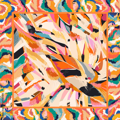 Silk scarf modern artistic design with bright colorful ornament. Abstract ethnic style. Fashionable vector template for your design.