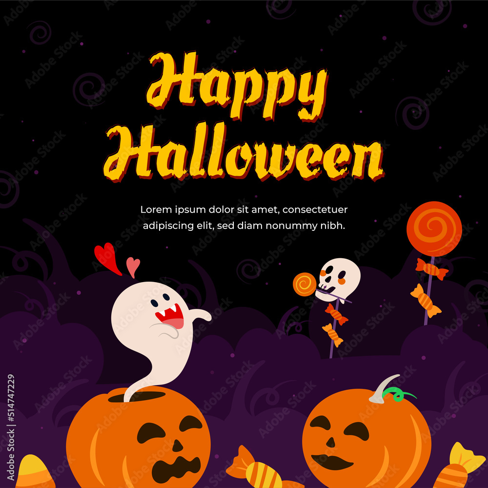 Horror Happy Halloween greeting design with pumpkins, cute spooky ghost, skull, candies lollipop vector illustration.
